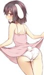  animal_ears ass bare_arms bare_shoulders black_hair blush brown_eyes bunny_ears bunny_tail dress dress_lift eyebrows eyebrows_visible_through_hair from_behind inaba_tewi lifted_by_self looking_at_viewer nnyara open_mouth panties pink_dress simple_background sleeveless sleeveless_dress solo standing tail thighs touhou underwear white_background white_panties 