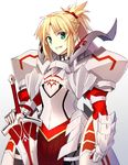  armor blonde_hair fate/apocrypha fate_(series) fuyuki_(neigedhiver) gauntlets green_eyes grin highres holding holding_sword holding_weapon long_hair looking_at_viewer mordred_(fate) mordred_(fate)_(all) ponytail simple_background smile solo sword teeth weapon white_background 