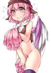  animal_ears bird_wings blush bottomless brown_eyes covering covering_crotch fun_bo hat mystia_lorelei navel pink_hair pom_poms shirt skirt solo tears thighhighs touhou wavy_mouth wings 