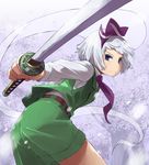  bent_over blue_eyes d@i genderswap genderswap_(ftm) hairband hitodama katana konpaku_youmu konpaku_youmu_(ghost) long_sleeves looking_at_viewer looking_back necktie shirt short_hair shorts silver_hair sword touhou vest weapon 