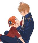  1girl blue_eyes brown_hair bun_cover eye_contact gintama hair_grab hand_on_another's_face kagura_(gintama) loli_bushi long_hair looking_at_another okita_sougo orange_hair red_eyes short_hair uniform 