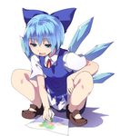  blue_dress blue_hair blue_wings child_drawing cirno crayon daiyousei drawing dress full_body hair_ribbon hasebe_yuusaku ice ice_wings looking_down mary_janes open_mouth ribbon shoes short_hair short_sleeves simple_background smile solo squatting touhou white_background wings 