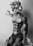  abs anthro bulge canine chanrom clothed clothing half-closed_eyes invalid_tag looking_at_viewer male mammal monochrome simple_background smile solo topless underwear wolf 