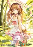  bag bow brown_eyes brown_hair day dress flower forest frilled_dress frills gilse hair_flower hair_ornament handbag looking_at_viewer male_focus nature neck_garter otoko_no_ko outdoors parasol plant qurare_magic_library shallow_water shoes_removed solo standing tree umbrella wading water 