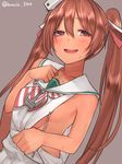  anchor baffu blush breasts brown_hair commentary_request dress highres kantai_collection libeccio_(kantai_collection) red_eyes sailor_dress sideboob skirt small_breasts solo sweatdrop 