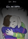  asriel_dreemurr caprine clothed clothing crying duo eyes_closed fur goat hair hug human male mammal monster protagonist_(undertale) shyrstyne tears text undertale video_games white_fur 