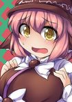  animal_ears blush breasts brown_dress brown_eyes bustier dress face fun_bo large_breasts looking_at_viewer mystia_lorelei open_mouth pink_hair solo touhou upper_body 