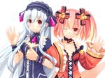  alyn_(fairy_fencer_f) bare_shoulders bow breasts crossed_arms dress fairy_fencer_f frills hairband himajin_(starmine) lolita_hairband long_hair multiple_girls one_eye_closed red_eyes red_hair ribbon skirt small_breasts smile tiara_(fairy_fencer_f) twintails waving white_hair 