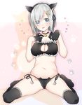  animal_ears bell black_bra black_legwear black_panties blue_eyes bra breasts cat_cutout cat_ear_panties cat_ears cat_lingerie cleavage cleavage_cutout flying_sweatdrops gloves hair_ornament hair_over_one_eye hairband hairclip hamakaze_(kantai_collection) highres jingle_bell kantai_collection medium_breasts meme_attire navel panties short_hair side-tie_panties silver_hair sino_(sionori) solo thighhighs underwear underwear_only wavy_mouth 