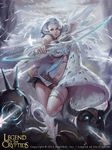  arrow artist_name artist_request blue_hair bow_(weapon) cape highres legend_of_the_cryptids monster multicolored_hair short_hair shorts silver_hair snow solo_focus thighhighs weapon 