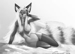  anthro areola bed breasts canine chanrom clothing female fox invalid_tag legwear looking_at_viewer lying mammal monochrome navel nipples nude on_side pussy rubber simple_background smile solo thigh_highs wide_hips 