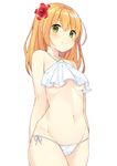  arms_behind_back bangs bekotarou blush breasts commentary_request cowboy_shot eyebrows flower green_eyes hair_flower hair_ornament hibiscus long_hair looking_at_viewer navel o-ring o-ring_top orange_hair original panties side-tie_panties simple_background small_breasts solo standing thick_eyebrows underboob underwear white_background white_panties 