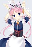  ? android animal_ears apron bangs blue_eyes blunt_bangs blush bunny_pose cat_ears cat_paws chestnut_mouth clarion cowboy_shot doll_joints grey_background head_tilt jitome koukaku_no_pandora looking_at_viewer maccha maid maid_headdress paws pink_hair puffy_short_sleeves puffy_sleeves short_sleeves simple_background solo twintails 