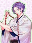  aqua_eyes bow floral_background hair_bow japanese_clothes kasen_kanesada male_focus mouth_hold purple_hair rope sayagata seigaiha solo touken_ranbu unmoving_pattern yano_(404878) 