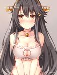  bell black_hair blush breasts brown_eyes cat_cutout cat_lingerie cleavage cleavage_cutout collar collarbone hair_between_eyes hair_ornament hairband hairclip haruna_(kantai_collection) jingle_bell kantai_collection large_breasts long_hair meme_attire navel panties remodel_(kantai_collection) rin_yuu side-tie_panties simple_background solo underwear underwear_only upper_body 