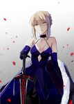  artoria_pendragon_(all) blonde_hair blue_dress blue_gloves breasts cleavage dress elbow_gloves fate/stay_night fate_(series) fuyuki_(neigedhiver) gloves highres holding holding_sword holding_weapon looking_at_viewer medium_breasts saber_alter solo sword weapon yellow_eyes 