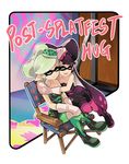  aori_(splatoon) chair closed_eyes commentary detached_collar english english_commentary gloves hotaru_(splatoon) multiple_girls open_mouth pantyhose short_jumpsuit sitting splatoon_(series) splatoon_1 wong_ying_chee 