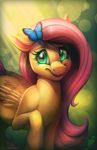  2015 abstract_background arthropod butterfly equine feathers female feral fluttershy_(mlp) friendship_is_magic fur green_eyes hair insect looking_at_viewer mammal my_little_pony mylafox pegasus pink_hair smile solo wings yellow_feathers yellow_fur 