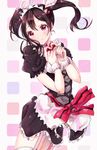 apron black_hair bow fingers_together garter_straps highres love_live! love_live!_school_idol_project maid maid_headdress mogyutto_&quot;love&quot;_de_sekkin_chuu! najuco_(naju0517) red_eyes scrunchie smile solo twintails waist_apron wrist_scrunchie yazawa_nico 