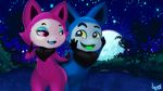  2016 absurd_res anthro canine cat chest_tuft cute duo eerie eerie_(telemonster) eye_contact fangs feline female forest hi_res hybrid male mammal night nobuyuki open_mouth smile telemonster tree tuft wolf yossi 