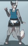  3_toes 5_fingers animal_genitalia blush canine clothing fox fur girly grey_fur male mammal peeking_out sheath shorts solo standing taintedstar toes tongue tongue_out 