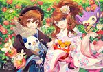  1girl 2016 :d aipom alternate_costume animal black_hat blue_eyes blush_stickers breath brown_hair camellia character_doll copyright_name darumaka ema fang flabebe floral_print flower freckles fur_collar gen_2_pokemon gen_5_pokemon gen_6_pokemon grin hair_between_eyes hair_flower hair_ornament hairclip haori hat holding holding_animal holding_pokemon japanese_clothes kimono kinchaku lace long_hair looking_at_viewer looking_to_the_side n_(pokemon) new_year no_hat no_headwear obi one_eye_closed open_mouth oshawott poke_ball_print pokemon pokemon_(creature) pokemon_(game) pokemon_bw pom_pom_(clothes) ponytail pouch red_flower runny_nose sash scarf shawl sleeves_past_wrists smile snivy tepig touko_(pokemon) touya_(pokemon) upper_body welchino wide_sleeves 