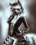  anthro bottomless breasts chanrom clothed clothing female hyena invalid_tag mammal monochrome navel simple_background solo 