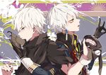  black_gloves crossover daenarys fox_shadow_puppet gloves grey_eyes kaneki_ken look-alike male_focus mask mask_removed multiple_boys nakigitsune tokyo_ghoul touken_ranbu white_hair yellow_eyes 