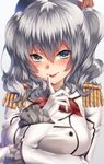  :p beret epaulettes gloves hat kantai_collection kashima_(kantai_collection) keita_(tundereyuina) kerchief looking_at_viewer military military_uniform silver_hair solo tongue tongue_out tsurime twintails uniform wavy_hair 