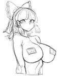  bangs blunt_bangs bow breasts cleavage greyscale hair_bow hakurei_reimu large_breasts looking_at_viewer monochrome nude pasties short_hair sidelocks simple_background solo space_jin sweatdrop touhou white_background 