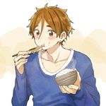  bowl brown_eyes brown_hair chopsticks eating food male_focus momose_(oqo) ooji_mochizou rice rice_bowl solo tamako_market 