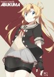  abukuma_(kantai_collection) bike_shorts black_gloves black_legwear blonde_hair blue_eyes buttons character_name double_bun fingerless_gloves gloves grey_skirt grin kantai_collection long_hair looking_to_the_side miniskirt pleated_skirt red_ribbon remodel_(kantai_collection) ribbon school_uniform serafuku short_sleeves skirt smile solo souji twintails 