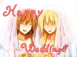  bad_source black_hair blonde_hair blush bouquet closed_eyes couple dress flower fumei_(mugendai) long_hair maribel_hearn multiple_girls open_mouth short_hair smile text_focus touhou usami_renko wedding wedding_dress wife_and_wife yuri 