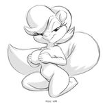  bedroom_eyes big_breasts breasts covering covering_breasts female fifi_la_fume half-closed_eyes holding_breast kneeling looking_at_viewer mammal monochrome navel seductive simple_background sketch skunk smile solo text tiny_toon_adventures warner_brothers xylas 