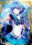  bishoujo_senshi_sailor_moon blue_background blue_choker blue_eyes blue_hair blue_sailor_collar blue_skirt brooch choker cowboy_shot dark_mercury dark_persona earrings elbow_gloves expressionless fch2009 gloves hand_on_hip jewelry looking_at_viewer magical_girl mizuno_ami pleated_skirt pretty_guardian_sailor_moon sailor_collar sailor_mercury sailor_senshi_uniform short_hair skirt solo tiara white_gloves 