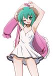  ;d alternate_costume animal_ears armpits arms_up ass_visible_through_thighs bangs bare_arms bare_shoulders blush camisole collar dog_ears fang flat_chest green_eyes green_hair hair_between_eyes highres kasodani_kyouko looking_at_viewer one_eye_closed open_mouth outstretched_arms panties pantyshot pantyshot_(standing) short_hair smile solo standing teitoku touhou underwear white_panties 