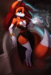  anthro armband big_breasts big_ears breasts canine clothed clothing dclzexon dress female fox green_eyes hair half-closed_eyes high_heels long_hair looking_at_viewer mammal nipple_bulge red_hair skimpy smoking solo wide_hips 