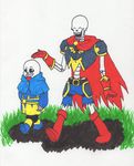  animated_skeleton armor bone boots cape clothing duo fantasytale footwear gloves grass hi_res krystellalyle male monster not_furry papyrus_(undertale) sans_(undertale) skeleton smile undead undertale video_games 