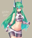  absurdres ass_visible_through_thighs bangs bike_shorts black_legwear blush borrowed_character breasts dated gloves green_hair headgear highres kokka_han large_breasts long_hair looking_at_viewer menou_kaname navel original red_eyes simple_background solo standing thigh_gap white_gloves 