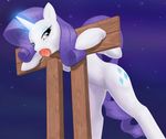  apple blue_eyes bound cutie_mark equine eyeshadow female food friendship_is_magic fruit glowing hair half-closed_eyes hooves horn long_hair looking_at_viewer makeup mammal my_little_pony oustide purple_hair pussy rarity_(mlp) restrained solo stocks unicorn z-lion 