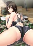  alternate_costume ass ayato back back_cutout bangs black_hat black_swimsuit blanket blurry blush bokeh book book_stack breasts brown_eyes brown_hair camouflage closed_mouth competition_swimsuit cross_print depth_of_field from_behind from_below girls_und_panzer hair_between_eyes hat highres large_breasts looking_at_viewer looking_back lying military nishizumi_maho on_ground on_stomach one-piece_swimsuit open_book shade short_hair solo spread_legs swimsuit 