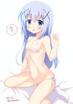  :o ? bikini blue_eyes blue_hair blush breasts dated gochuumon_wa_usagi_desu_ka? hair_ornament kafuu_chino long_hair looking_at_viewer micro_bikini open_mouth ribs simple_background sitting small_breasts socks solo soukai_(lemonmaiden) spoken_question_mark swimsuit twitter_username wariza white_background white_bikini white_legwear x_hair_ornament 