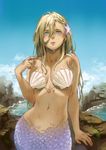  arm_support blonde_hair blue_eyes braid breasts hair_between_eyes hair_ornament hair_twirling highres kamiyama_aya long_hair looking_at_viewer medium_breasts mermaid monster_girl navel original parted_lips rock scales seashell_bra shell shell_bikini solo star star_hair_ornament starfish water wet 