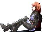  anett_hosenfeld bodysuit boots breasts covered_nipples crossed_arms emblem genya_(genya67) green_eyes highres muvluv open_mouth pilot_suit red_hair schwarzesmarken shadow short_hair simple_background sitting sketch skin_tight small_breasts solo 