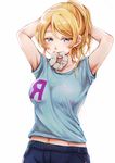  adjusting_hair armpits arms_up ayase_eli belly_peek blonde_hair blue_eyes collarbone half-closed_eyes hands_in_hair highres love_live! love_live!_school_idol_project mouth_hold navel print_shirt scrunchie shirt simple_background solo suito t-shirt tying_hair white_background 