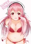  absurdres bikini blush breasts cleavage commentary_request elbow_gloves food fruit gloves headphones highres large_breasts long_hair looking_at_viewer navel nitroplus open_mouth pink_hair red_eyes sashimi0gou smile solo strawberry super_sonico swimsuit 