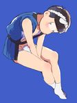  blue_background blue_eyes blush brown_hair from_above fundoshi hachimaki hands_on_lap happi headband japanese_clothes looking_at_viewer male_focus matsuno_karamatsu nejiri_hachimaki nipples osomatsu-kun osomatsu-san rokushaku_fundoshi sarashi solo tabi tomaru_(sachi911) v_arms 