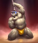 anthro braford bulge gustav_(omega_mysterium) male mammal musclegut muscular pole rhinoceros solo stripper_pole 