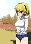  absurdres arms_behind_back blonde_hair blush breasts buruma covered_nipples highres higurashi_no_naku_koro_ni houjou_satoko medium_breasts onoderasan short_hair solo 