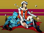  araki_hirohiko_(style) black_eyes black_hair bubble hat jojo_no_kimyou_na_bouken jojolion killer_queen kira_yoshikage_(jojolion) life_vest lipstick makeup male_focus qi_(bleachcxn) sailor sailor_hat shoes sitting sneakers stand_(jojo) yellow_lipstick 